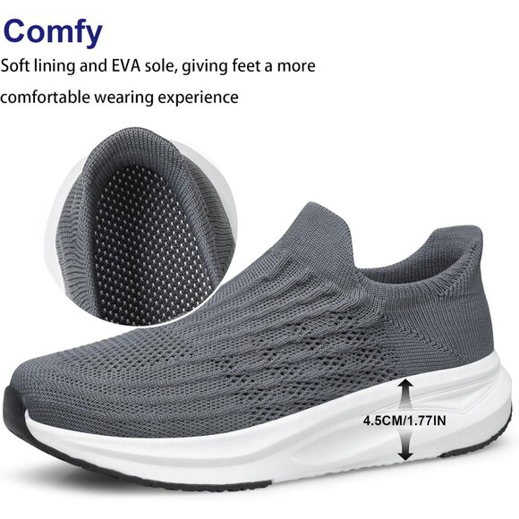 Women Grey Slip On Walking Shoes Flat Lightweight Breathable Casual Sneakers - Picture 4 of 7